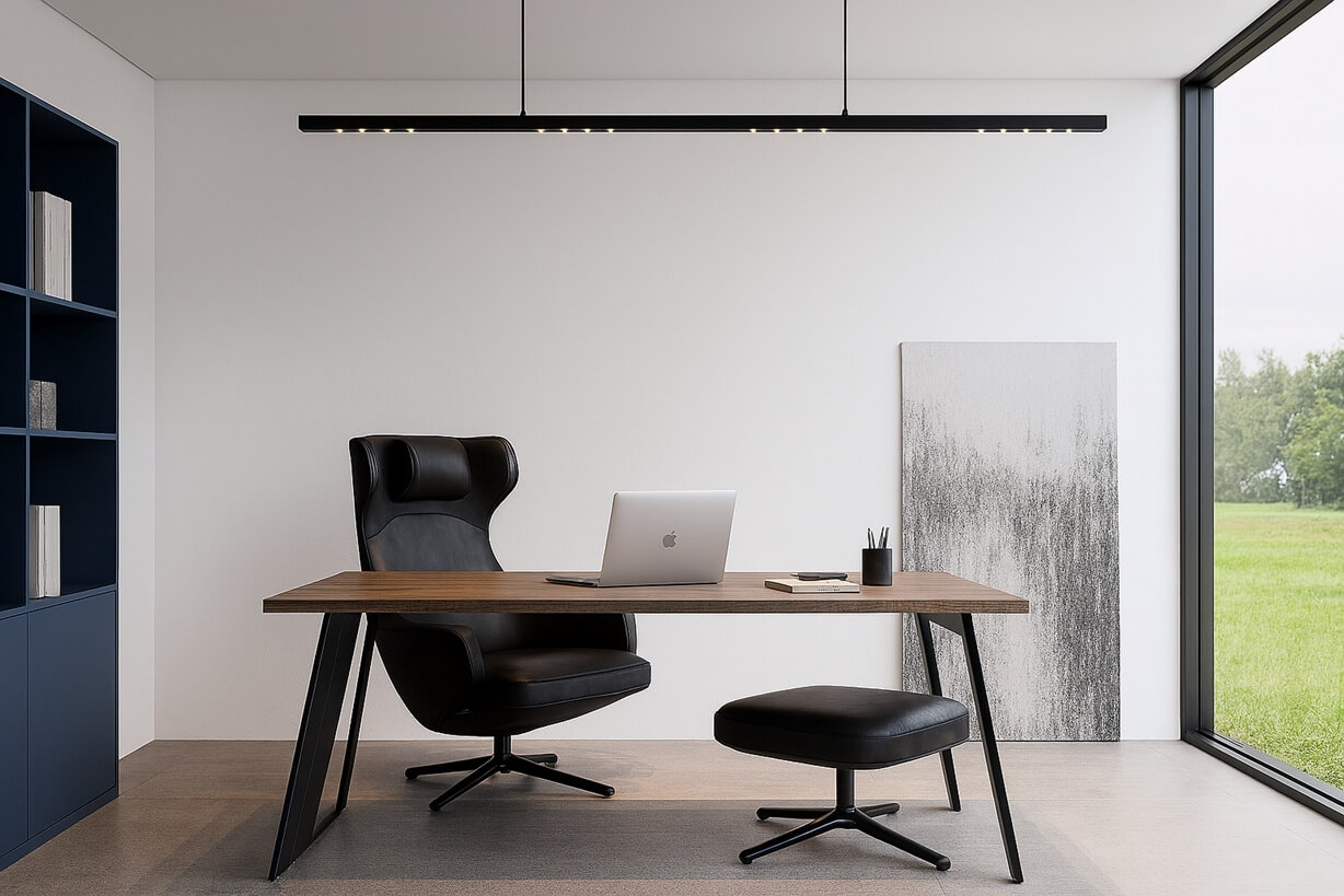 long LED hanging lamp above the table, black